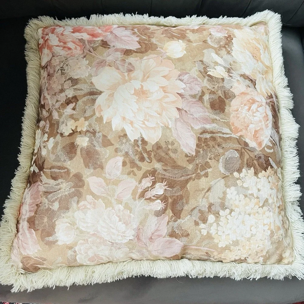 Vintage Peony Floral Jacquard Tapestry Fringe Pillows Beige Multi Cottage Granny